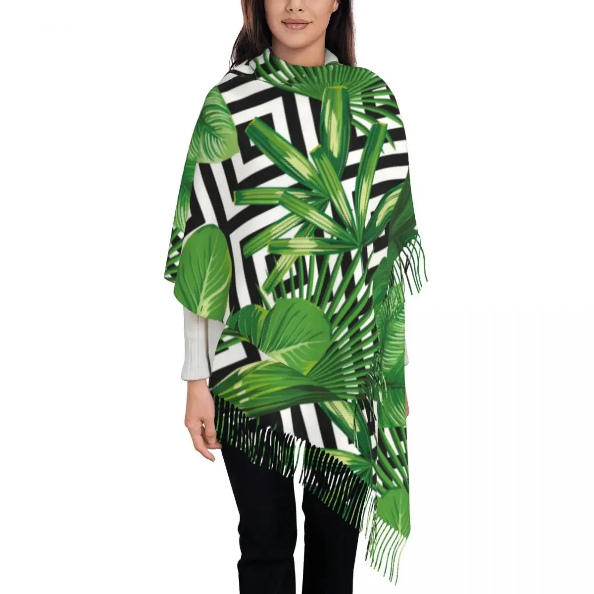 Warm Soft Scarf Winter Palm Leaves Shawls Wrpas Black And White Geometry Graphic Bufanda Mujer Women Casual Scarves Wraps