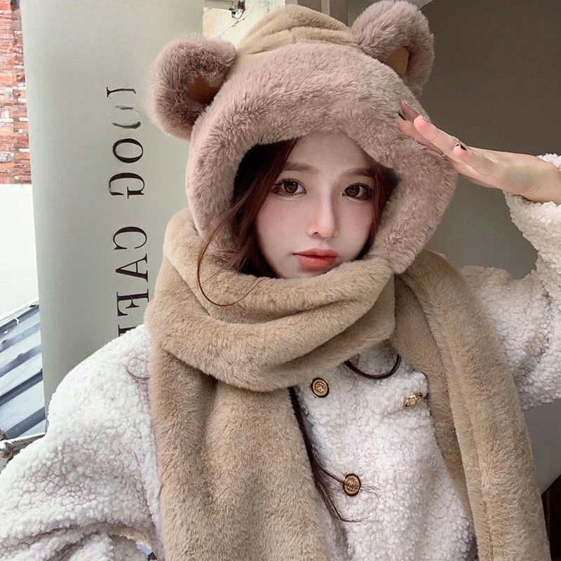 Gorro bufanda Material de una pieza mujer Otoño Invierno forma de oso guantes de felpa cálidos tres piezas lindo con capucha protección para los oídos moda