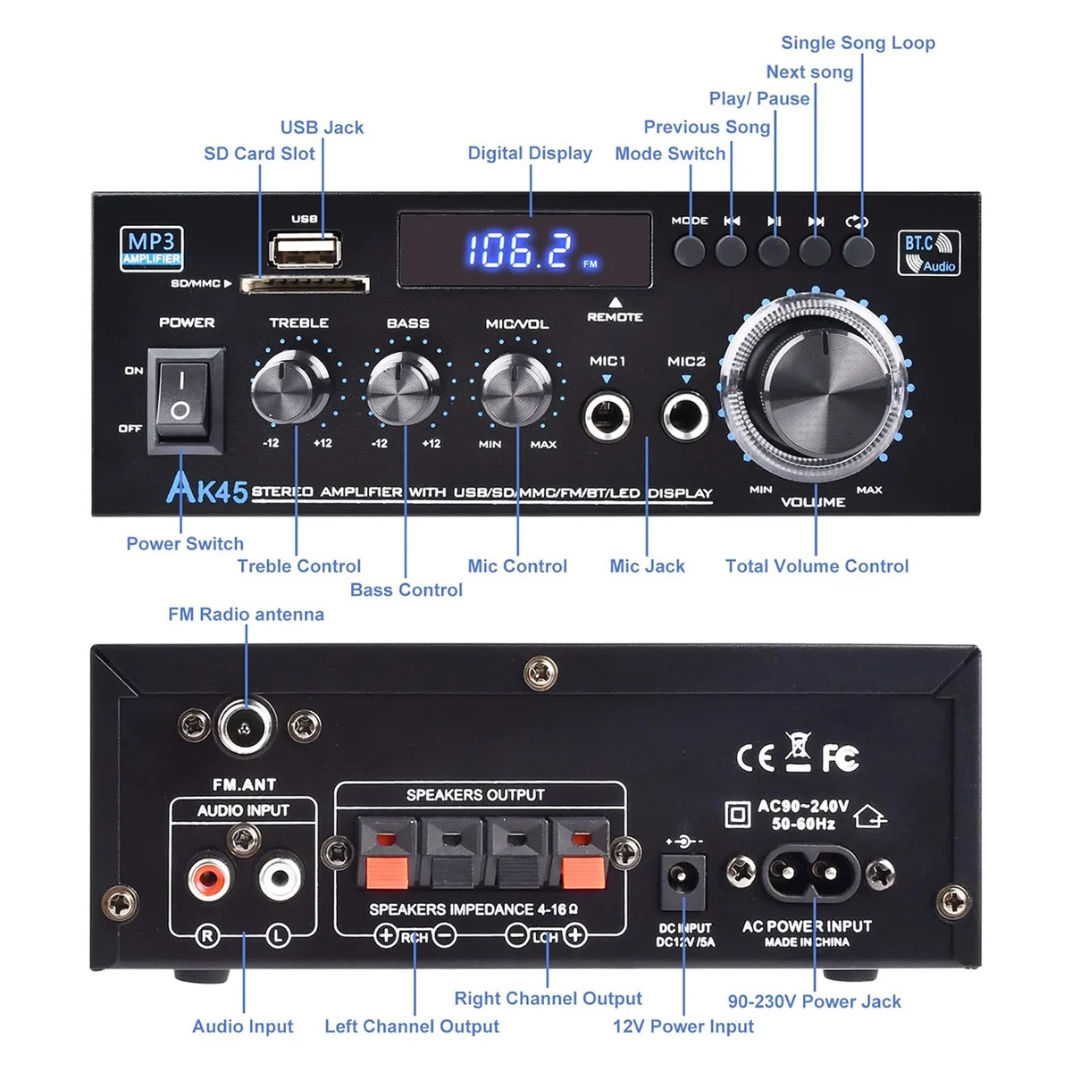 Receptor amplificador de audio estéreo, altavoz de sonido Bluetooth 5,0, amplificador de radio FM, sistema estéreo de audio para cine en casa, enchufe del Reino Unido