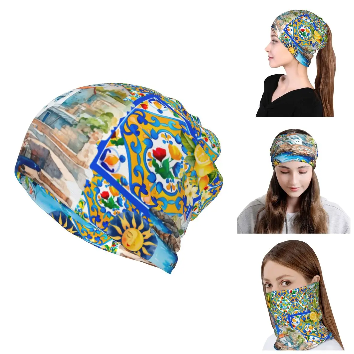 Custom Summer Fruit Lemons Italian Tiles Winter Skullies Beanies Cap Headband Neck Warmer Cycling Tube Scarf Face Bandana Gaiter