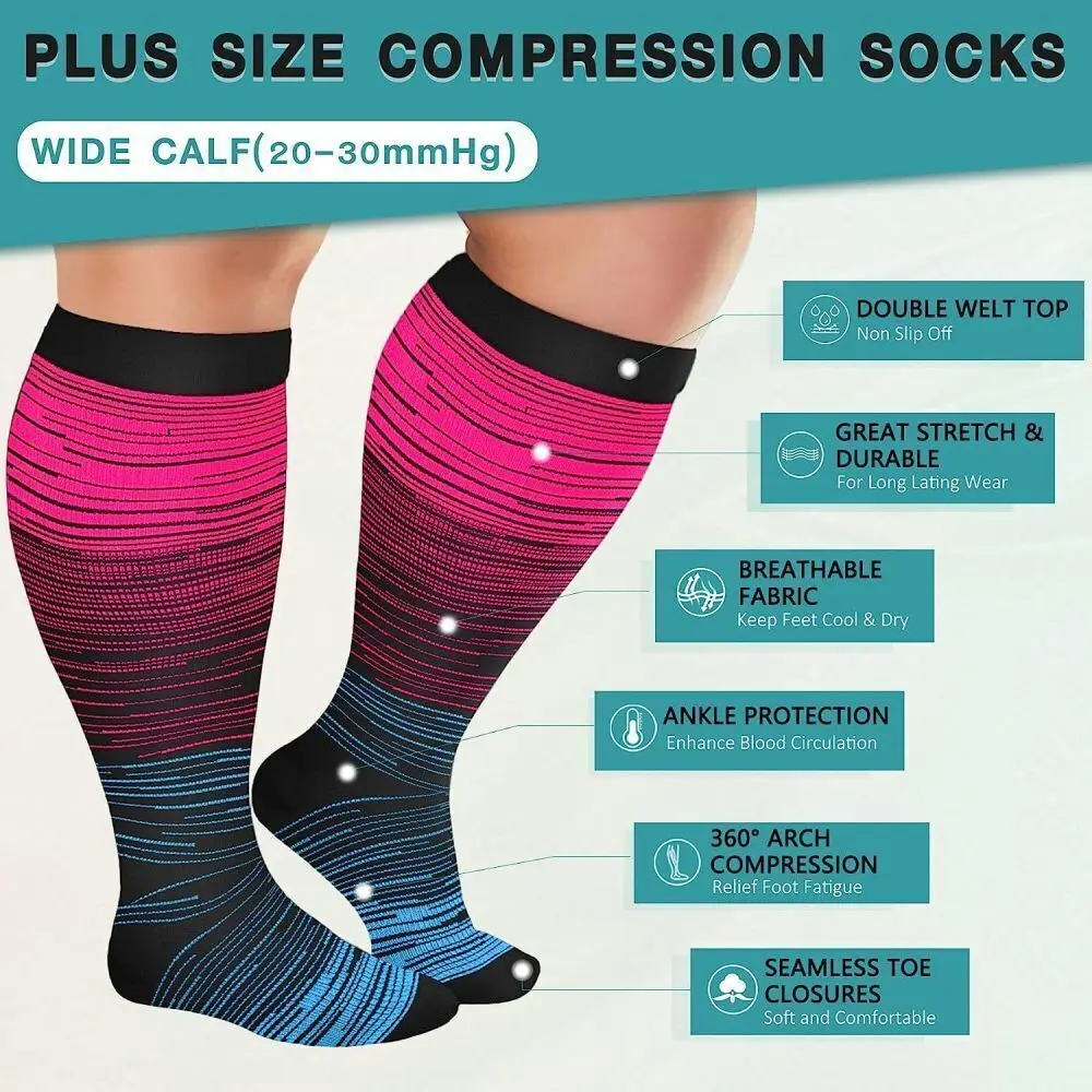 Women Men Plus Size  Compression Socks Wide Calf Leg 20-30 mmHg 2XL-6XL for Marathon Cycling Football Varicose Veins Stockings