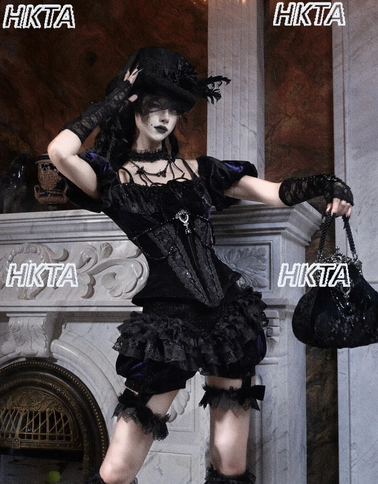 

Original Y2K Top Halloween Gothic Puff Short Sleeve Velvet T-Shirt High-End Fashion Tie Backless Slim Fit Dark T-Shirts Women