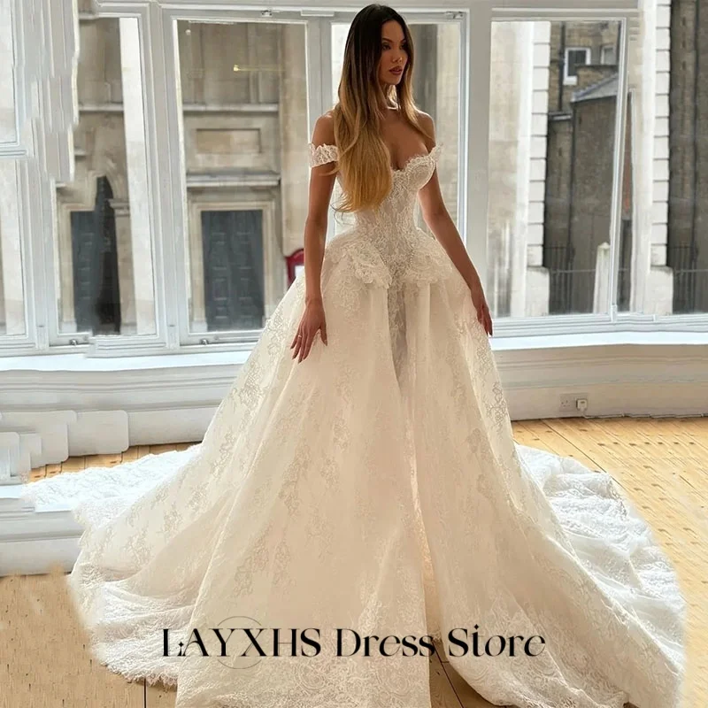 LAYXHS エレガントなウェディングドレス オフショルダー レース ノースリーブ パール フロアレングス ブライダルドレス カスタマイズ hochzeitspartykleid