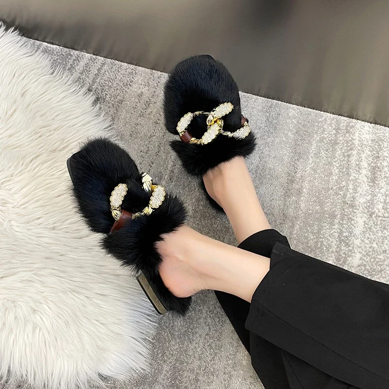 Slip On Simple Shoes Outwear Woman Warm Shoes mules Natural Suede Flat Shoes For Women SlippersMules Women\'s Fur Flats Slippers