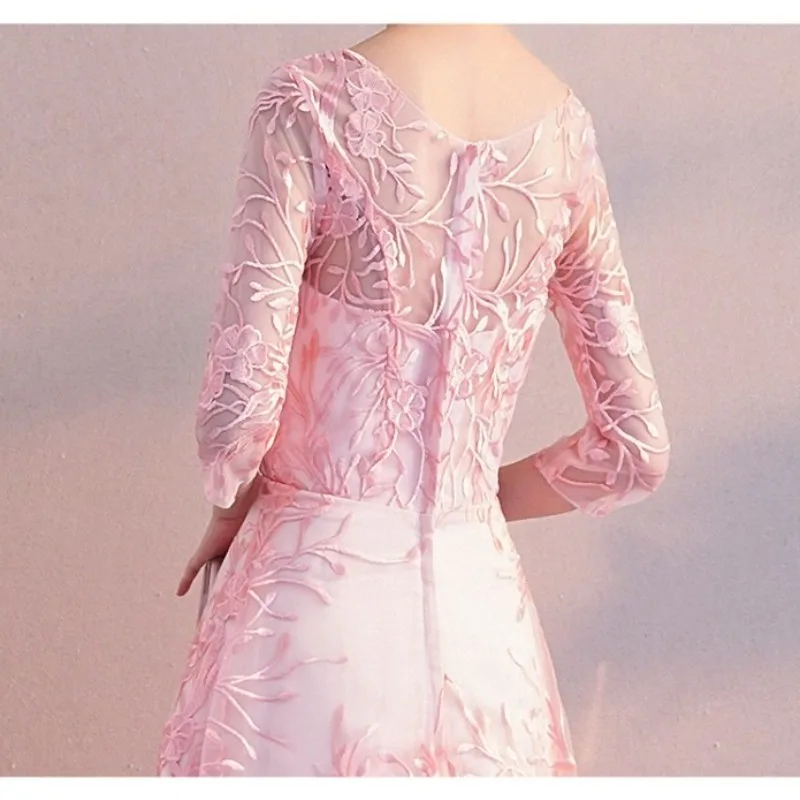 Новое женское сетчатое вышитое банкетное элегантное вечернее платье, модное длинное стильное утягивающее элегантное светское розовое платье подружки невесты