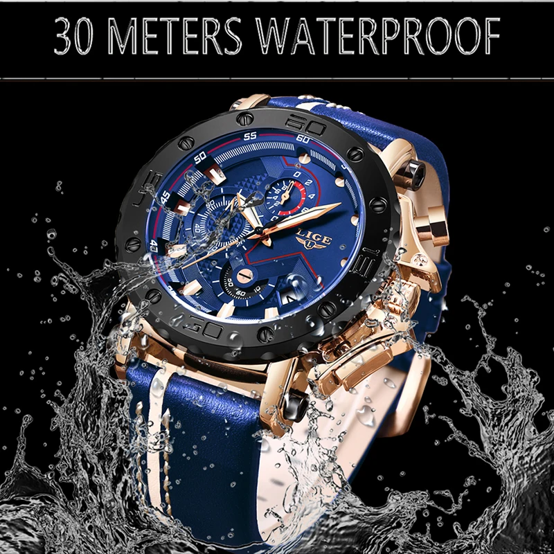 LIGE Fashion Mens Watches Top Luxury Brand Waterproof Sport Wrist Watch Chronograph Quartz Military Leather Relogio Masculino