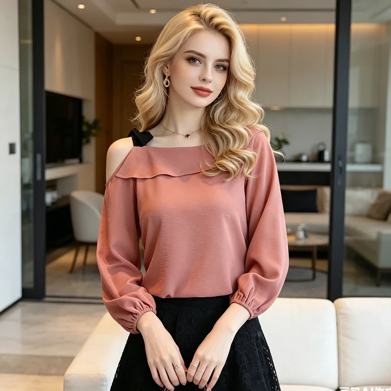 

Summer Elegant Off Shoulder Loose Women Blouse Sweet Solid Color Tops Fashion Simple Office Shirts Short Sleeve Clothing Blusas