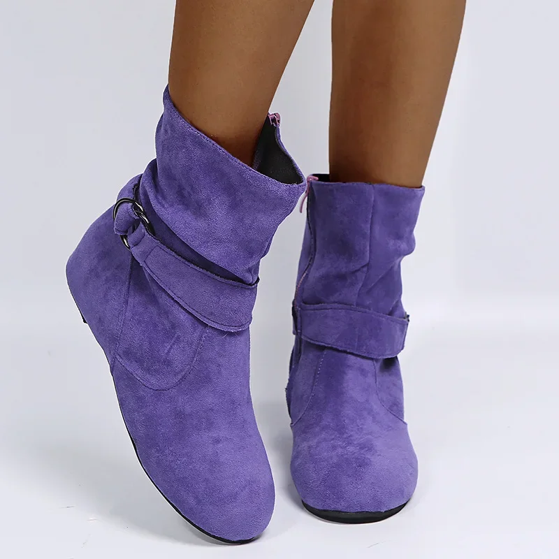 Frosted Ankle Boots Women Soft Leather Pleated New Fall Winter 2024 Warm Boots Non-slip Comfy Purple Plus Size 43 Women\'s Boots