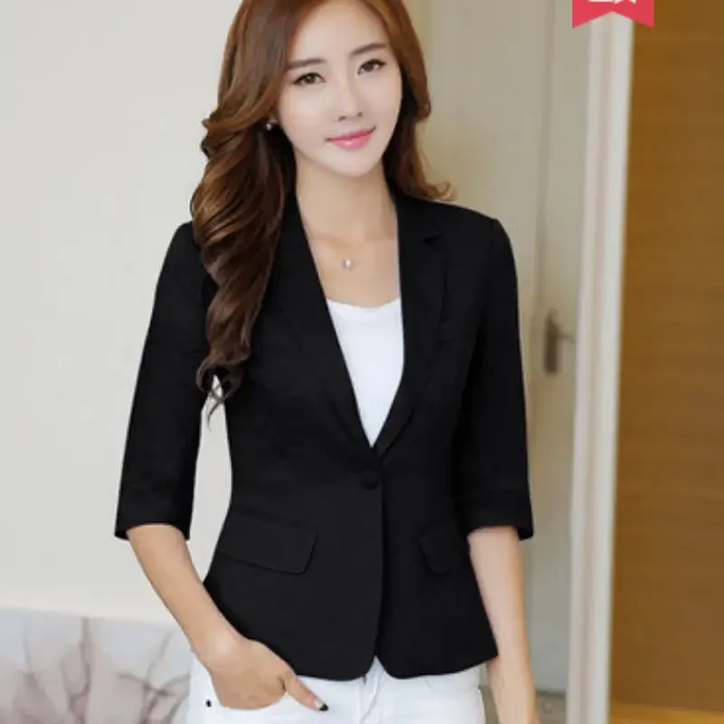 Women\'s Suit Jacket Summer New Style Fashion White Seven-point Sleeve Office Ladies Casual Short Paragraph Cotton Blazer