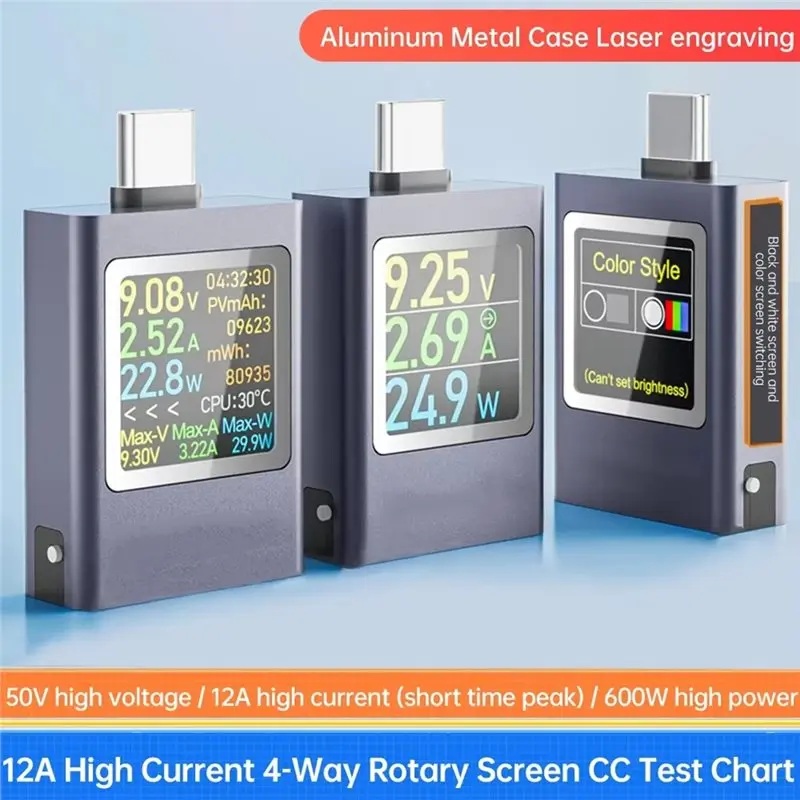 DTB7 Multi-Function Digital Display Voltage Ammeter, Type-C PD3.1 DC 4.5-50V 0-12A Power Meter Tester for Phone Charging