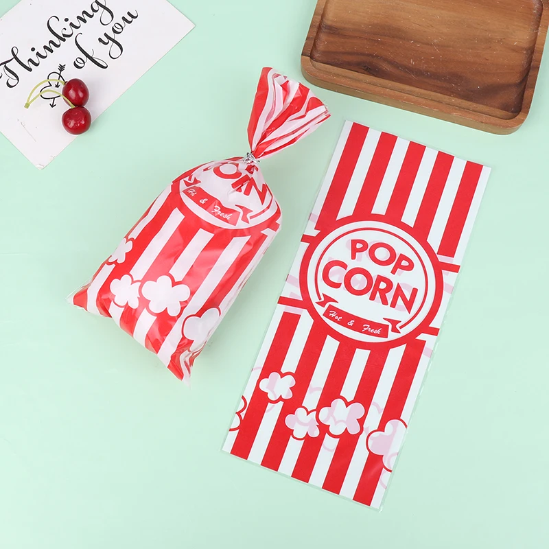 50Pcs Red Vertical Bar Popcorn Plastic Bag Snow Crisp Nougat Biscuit Bread Toast Bag Casual Baked Goods Bag For Birthday Party