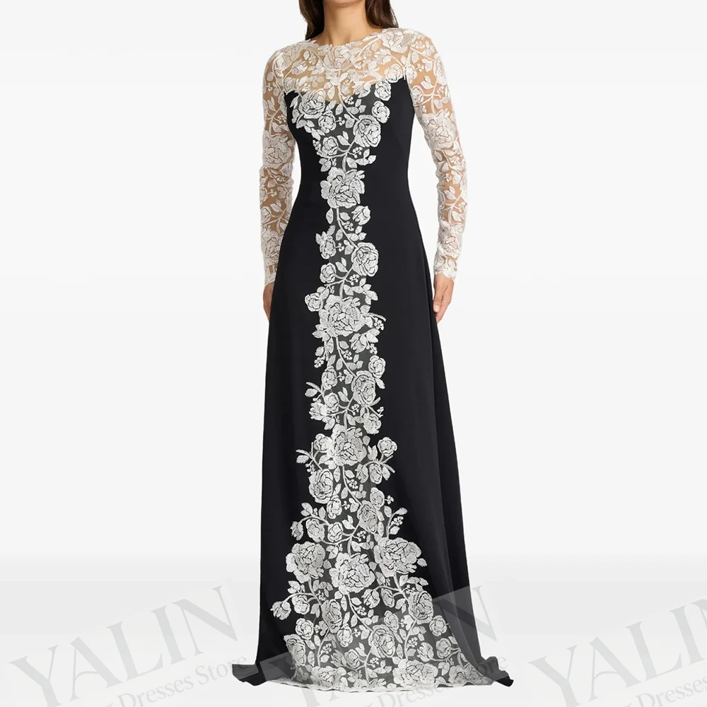 

Women's A-line Evening Dresses Floor-length O-neck Full Sleeve Prom Gown Fashion Lace Flowers Simple Draped Customized Gowns