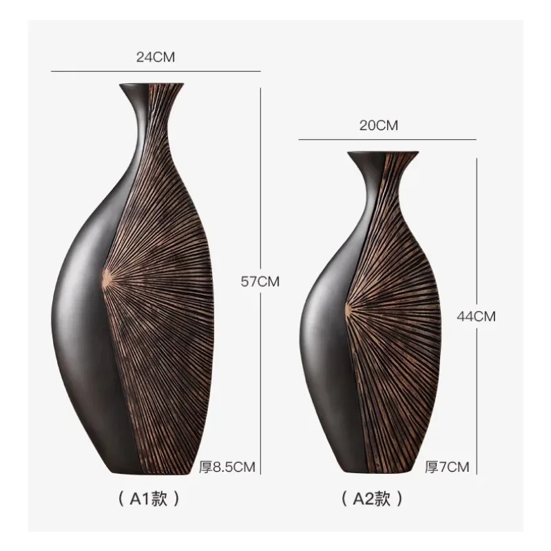 

Retro Luxury Black Resin Vase Vertical Height Living Room Dried Flower Ornament Entrance Decor High-End Chinese Style