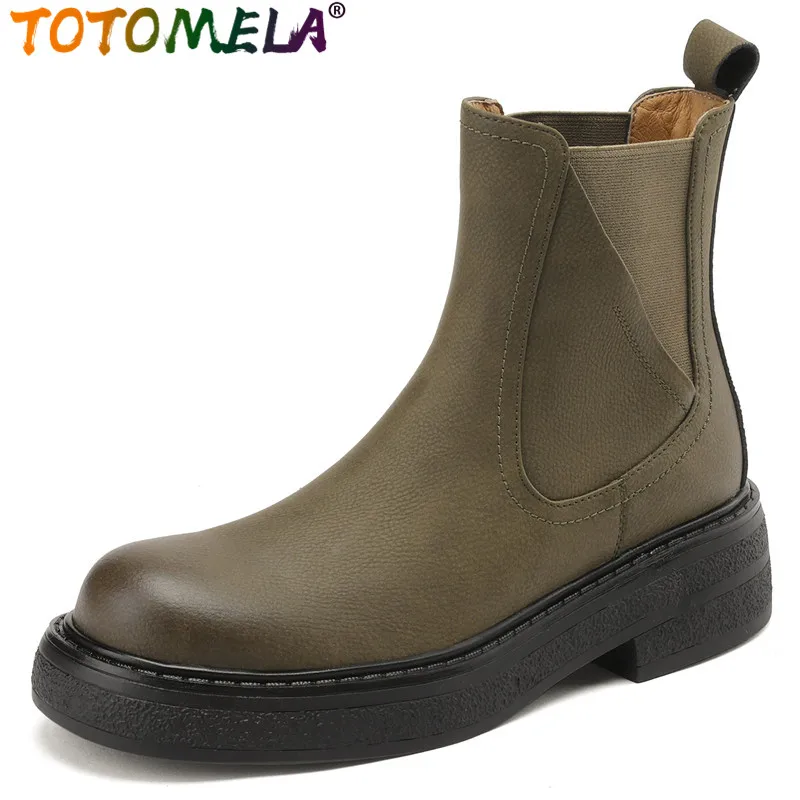 

TOTOMELA 2024 New Vintage Genuine Leather Chelsea Boots Female Slip On Platform Boots Square Med Heels Winter Ankle Boots