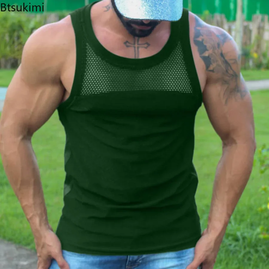 2024 Men\'s Summer Tank Top Lace Hollow Out Sleeveless Shirts Male Summer Clothing Slim Fit Gym Clothes Workout Solid Vest Tops