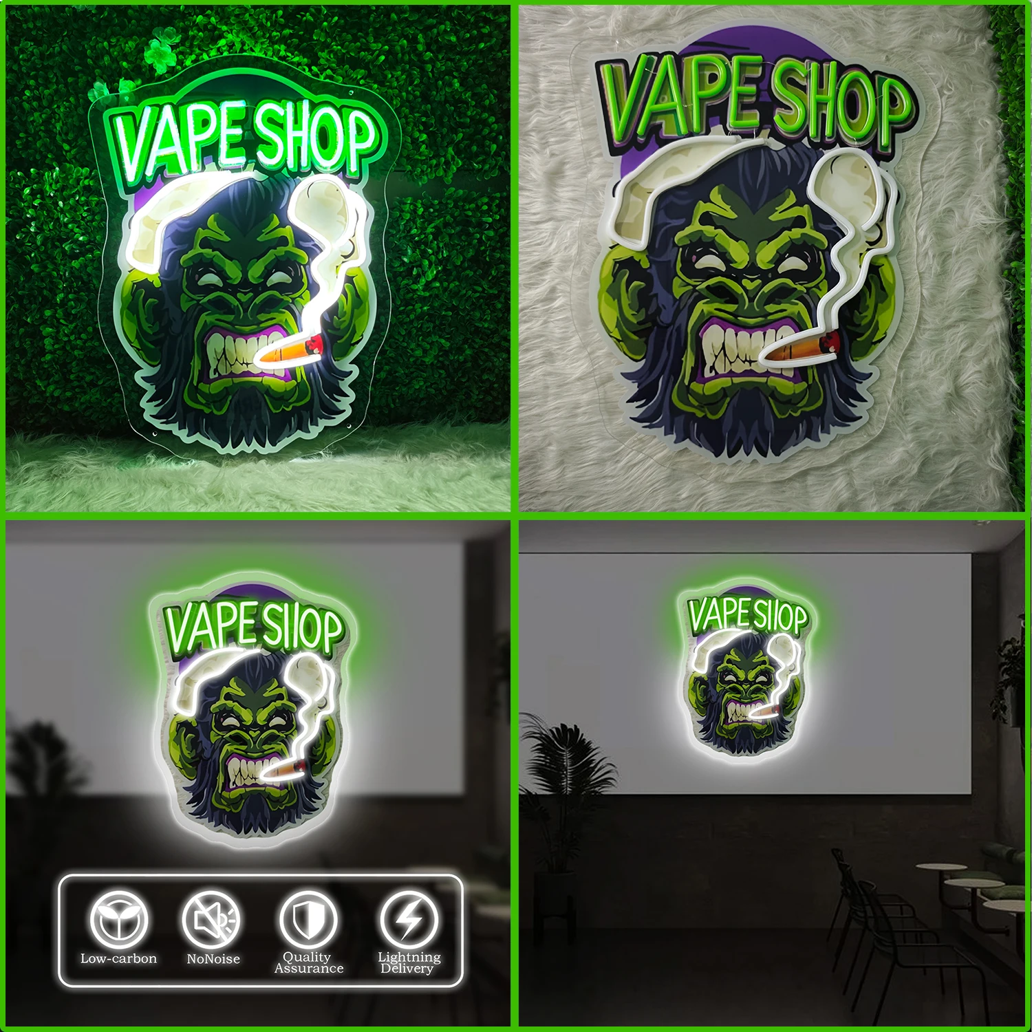 Lampu neon "Beast E-cigarette" dengan efek neon LED gaya anime cocok untuk menghias kepala pintu toko.