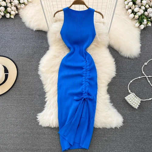 Verano verde negro bata de punto mujer verano cuello redondo sin mangas Kink ahueca hacia fuera Sexy ajustado vestido ajustado Split Fork Vestidos largos