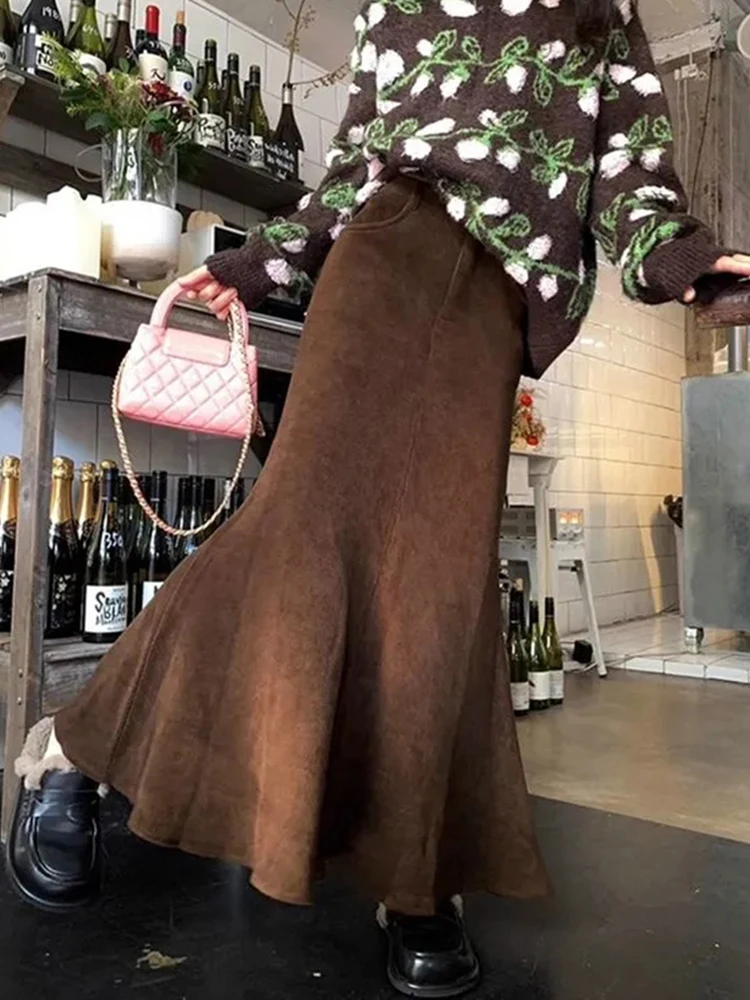 

Vintage Corduroy Long Skirt Women Elegant Office Lady Korean Mermaid Skirts Retro Solid Simple Casual Button Autumn Winter Skirt