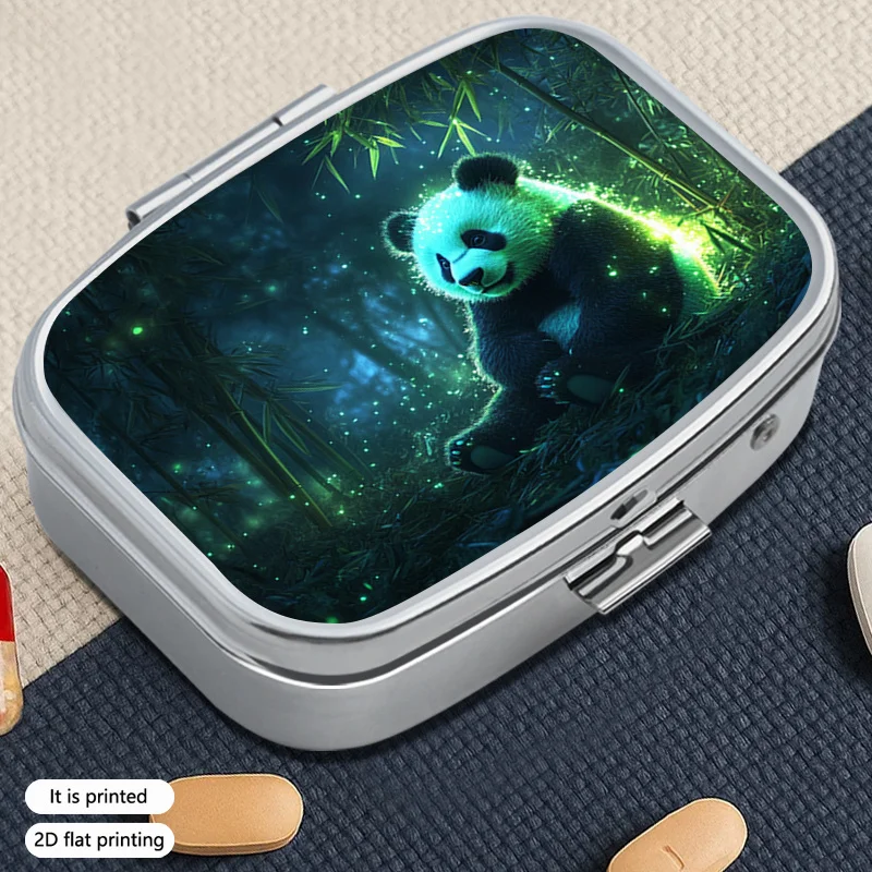 Panda 75 Pattern Creative Square Pill Box with 2 Separate Barrier Layers, Simple Portable Sealed Pill Box, Metal Sealed Pill Box Suitable for Home Use and Travel, Categorized Storage Sealed Pill Box, Printing Position May Vary