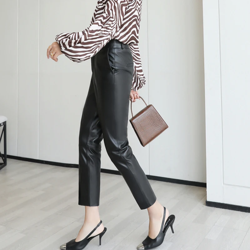 Fall Outfits Women Real Leather Pants Casual High Waist Front Slit Straight Pantalon Mujer Sheepskin Black Ankle-Length Trousers