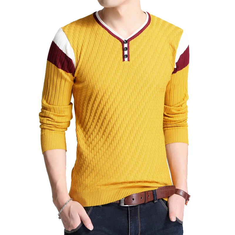 BROWON Brand-sweater Autumn Men\'s Button V-collar Slim Sweaters Men Elastic Knitted Sweaters Knitted Pullover Men Knitted