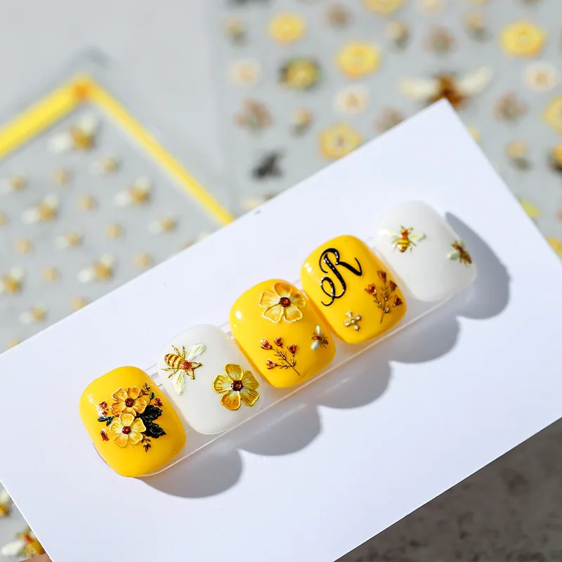 5D yellow embroidered bee kawaii nail stickers small yellow flower self-adhesive nail stickers embossed decorative nail stickers