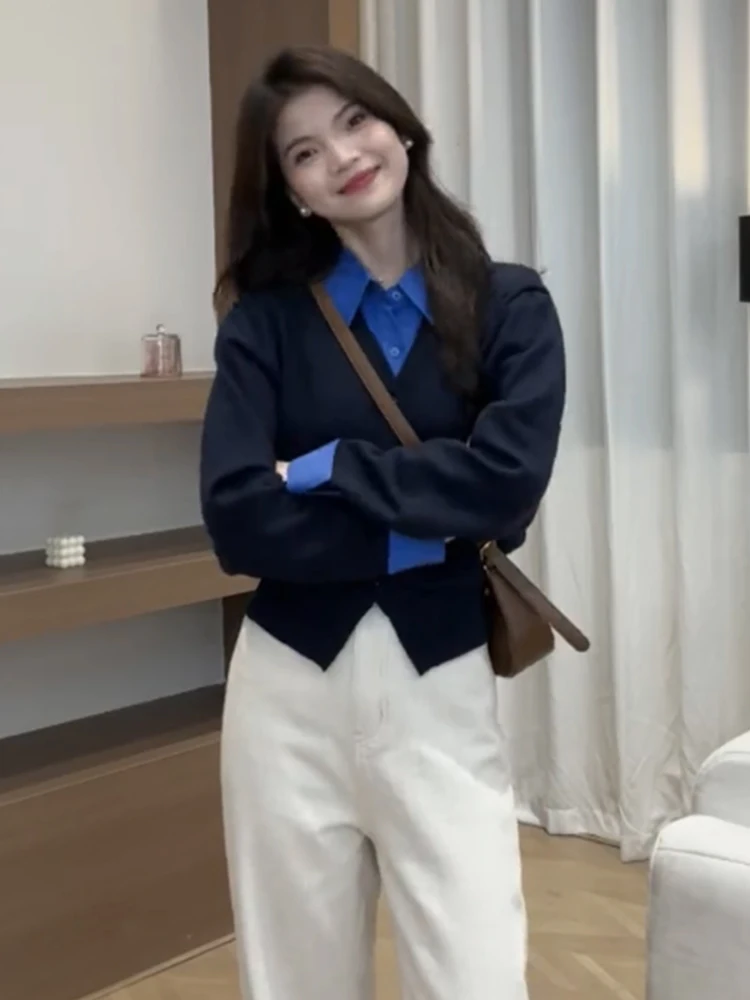 ポロ襟スプライスニットセーター女性の春秋冬新スタイル 2024 アウター長袖ボタンアップカーディガン