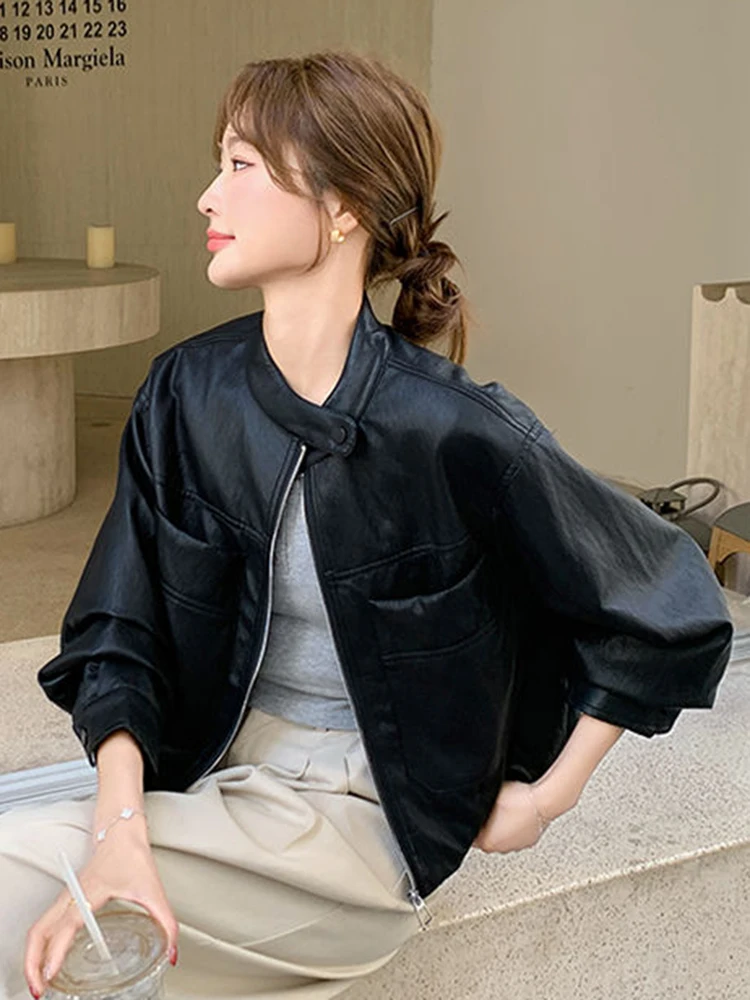 Zoki-Chaqueta de motociclista de Pu para mujer, abrigo corto Vintage de estilo Preppy con bolsillos grandes, Tops bonitos informales coreanos de manga larga Retro con cuello redondo