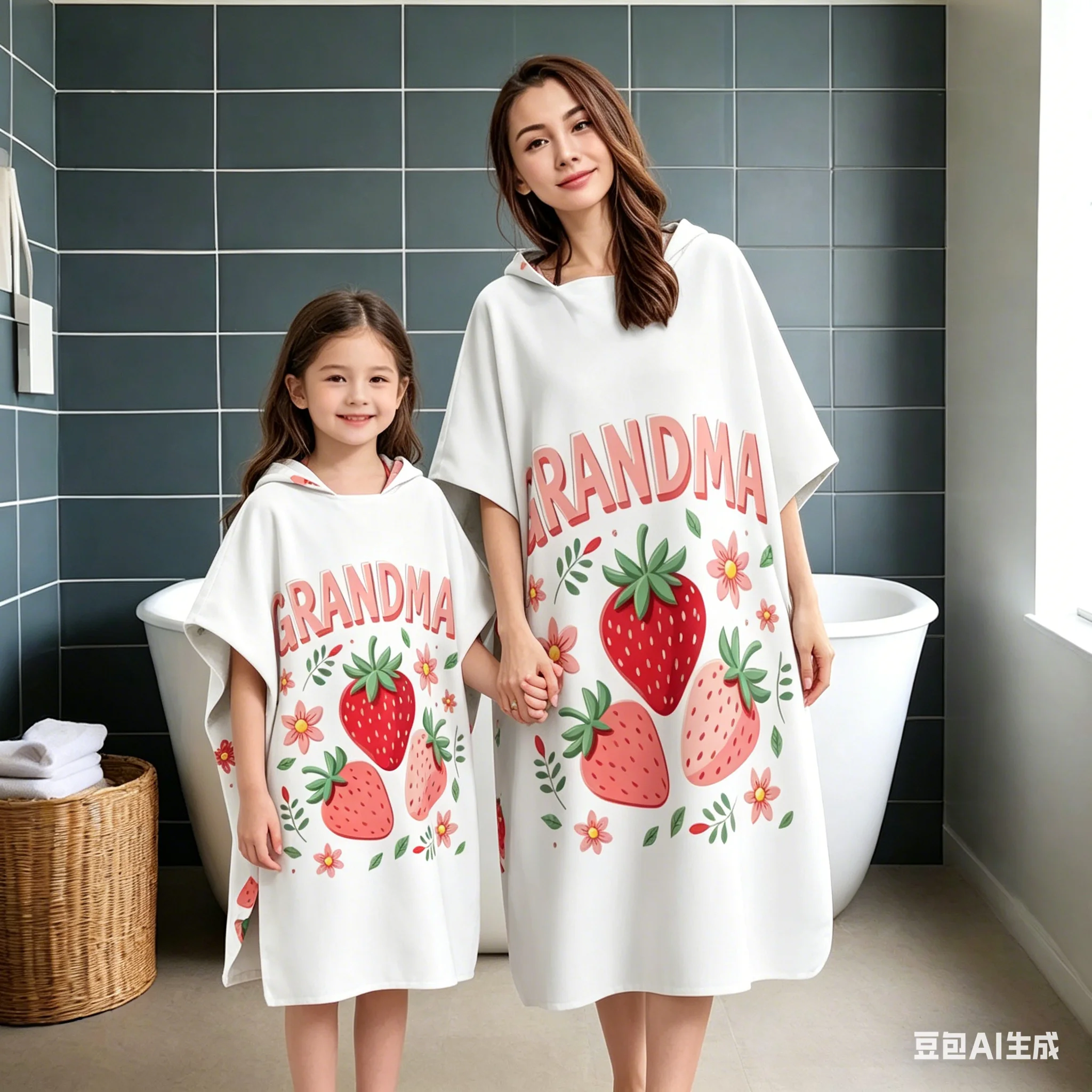 Kawaii Strawberry Floral Hooded Beach Towel, Lightweight Bath Wrap for Swimming Surfing,  Gift for Pool Beach Holiday