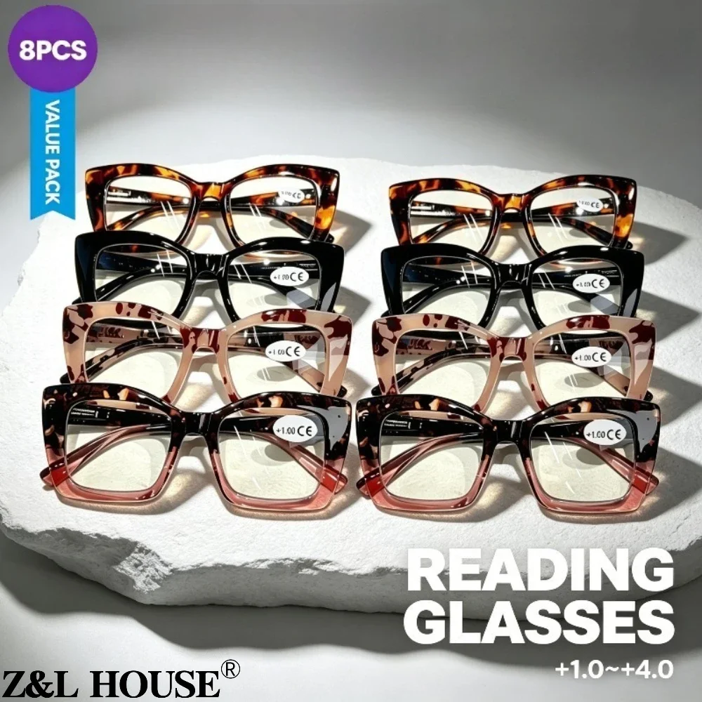 8 Pairs of Elegant Classic Women's Reading Glasses, Unisex Retro Reading Glasses, with High Definition Blue Light Blocking Lenses, Essential Christmas and Halloween Gifts for Daily Reading, Random Colors