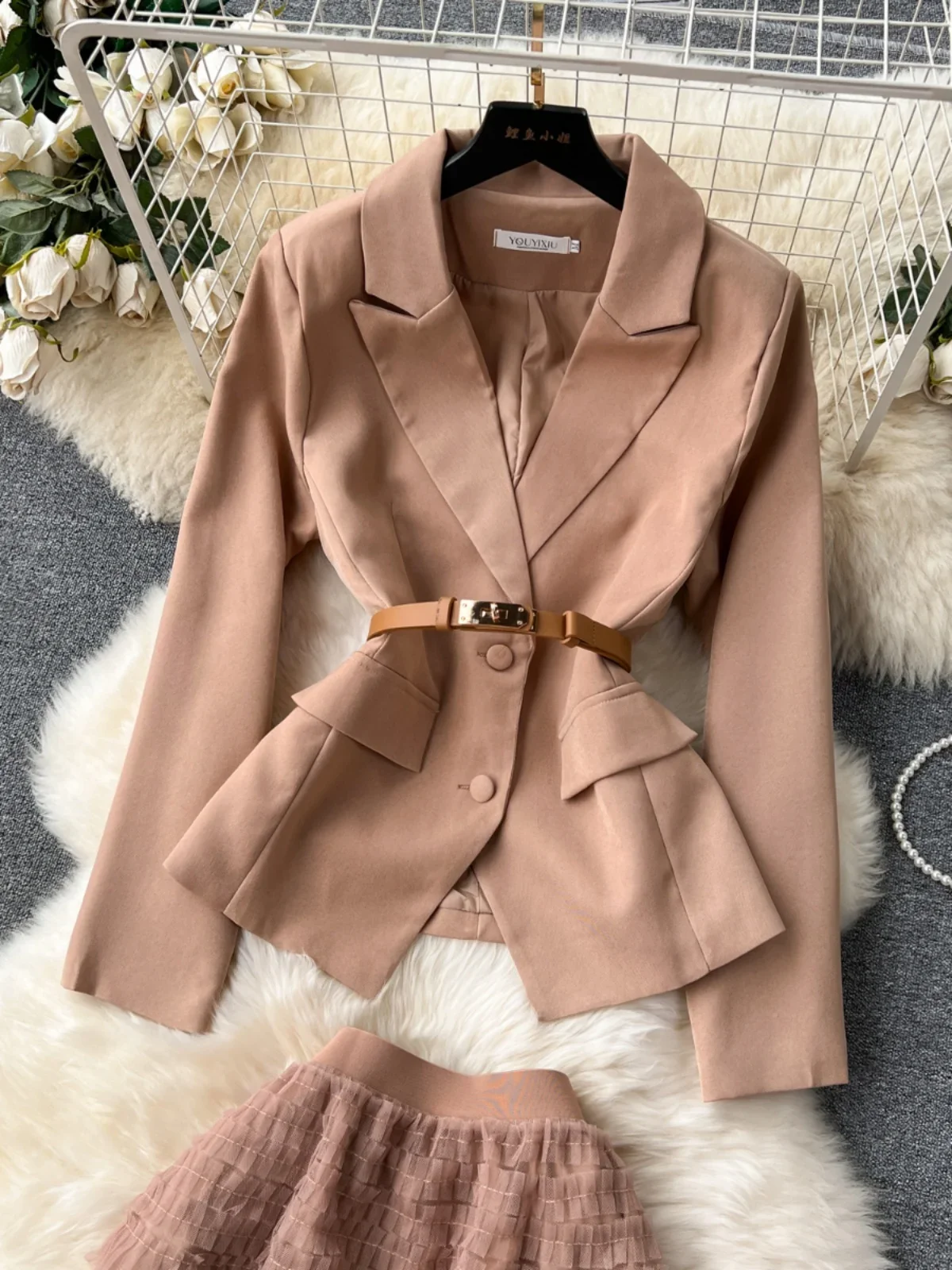 Women Vintage Blazer Two Piece Sets Autumn Winter Lapel Short Jacket+high Waisted Elgeant Layered Skirt Suits Ladies Party Set