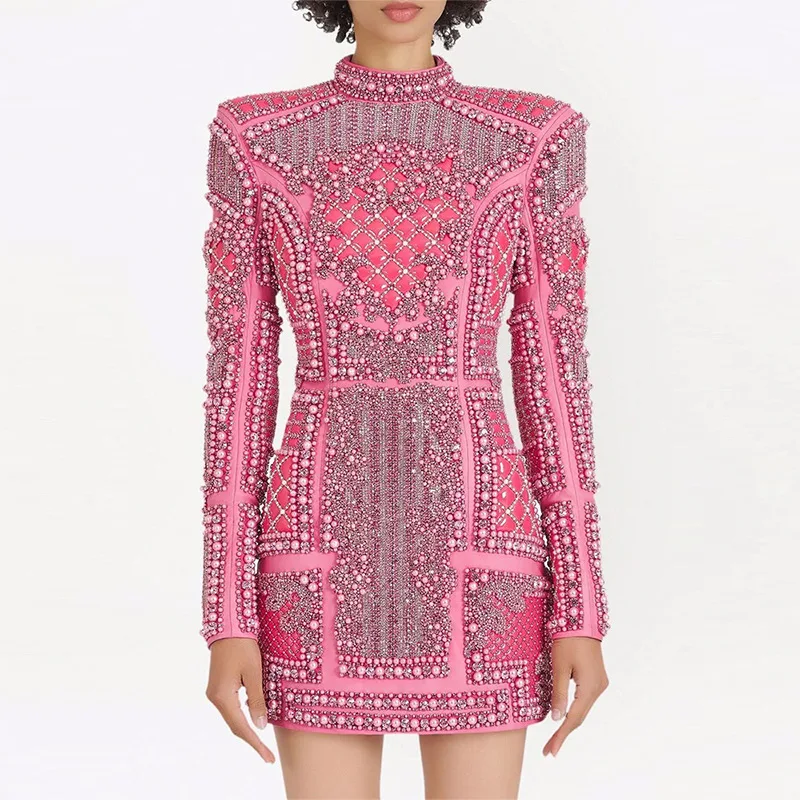 VC Autumn&Winter Diamond studs Short Dress Long Sleeves Beaded Sparkling Elastic Tight Bodycon Party Cocktail Gown