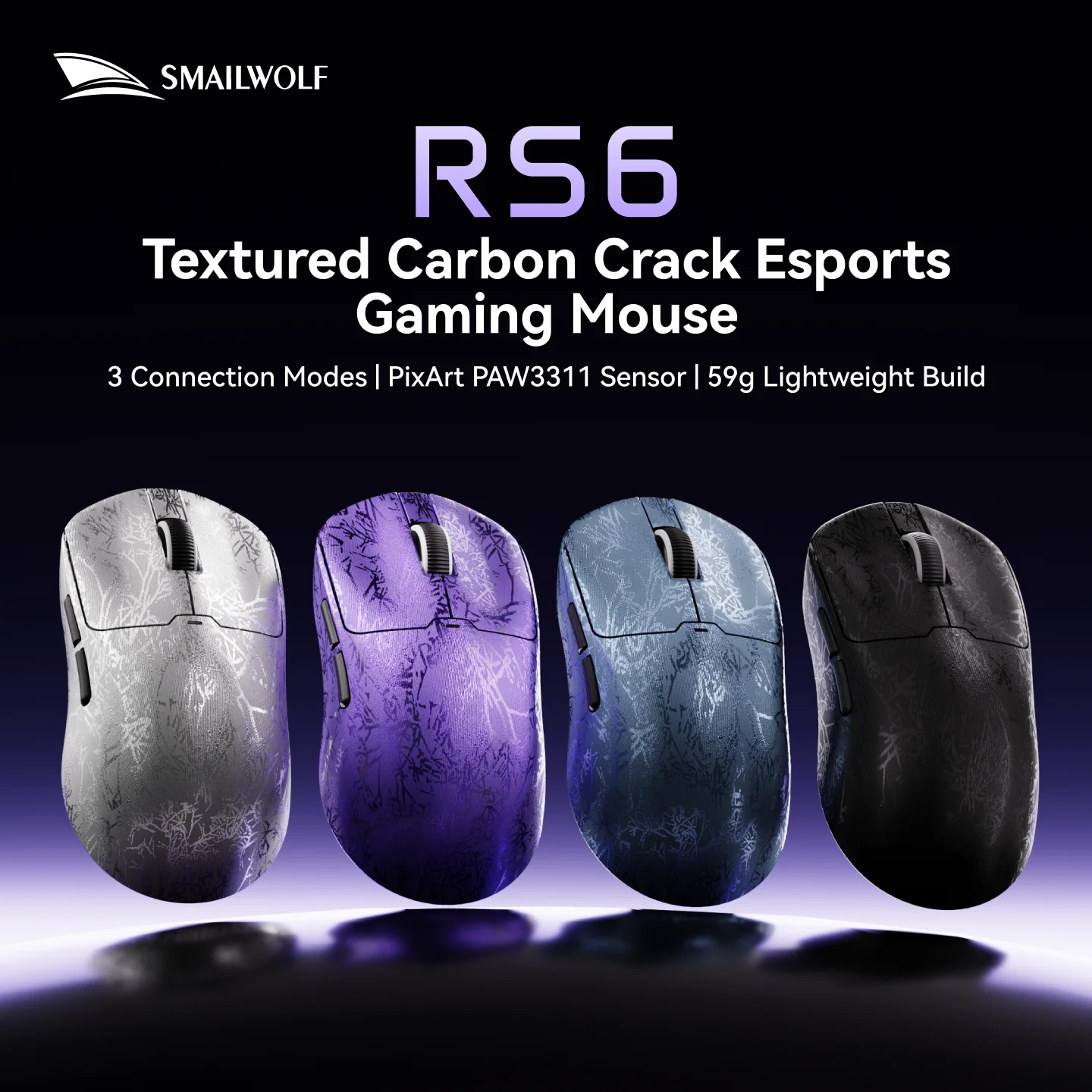 SMAILWOLF RS6 Gaming Mouse, PAW3311 Optical Sensor, Wired USB, 2.4GHz and Bluetooth, 12000 DPI, 500mAh Battery, 1000Hz Polling