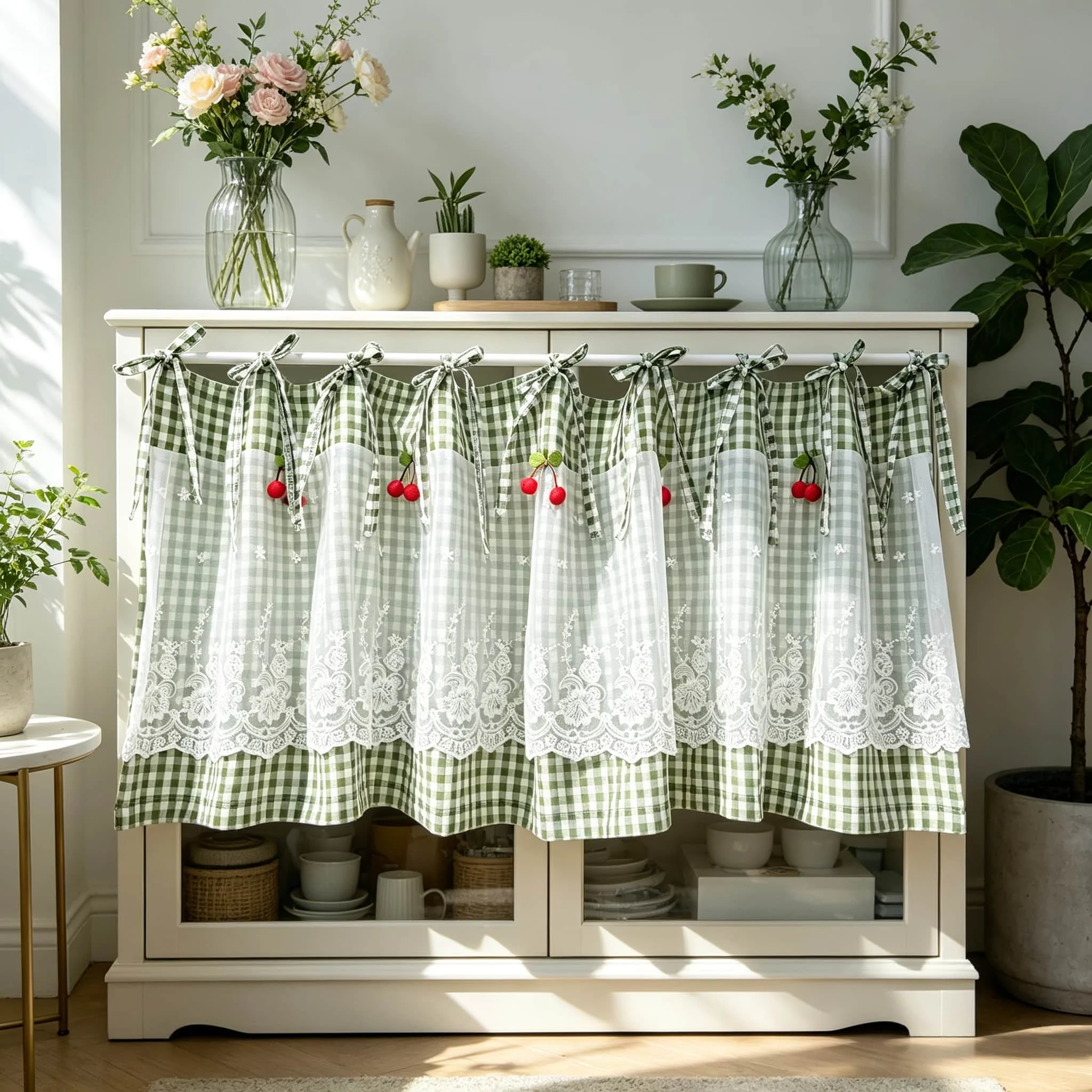 Pastoral Green Plaid Lace Short Curtain Cherry Pattern Tie Top Window Drape For Kitchen Cabinet Door Study Small Window