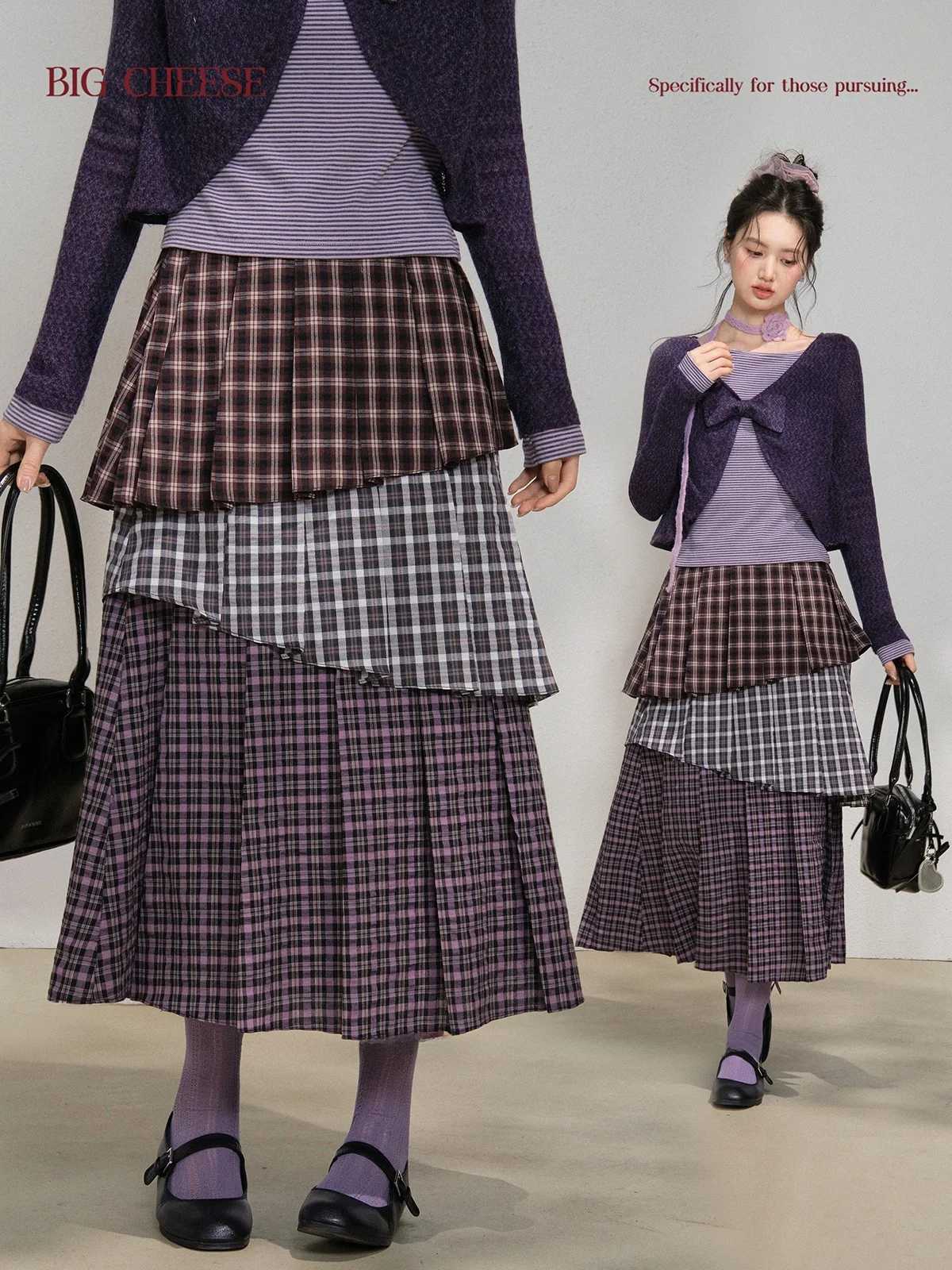 

Юбка миди А-силуэта с высокой талией, фиолетовая, в клетку, винтажная, весенняя, для полных женщин