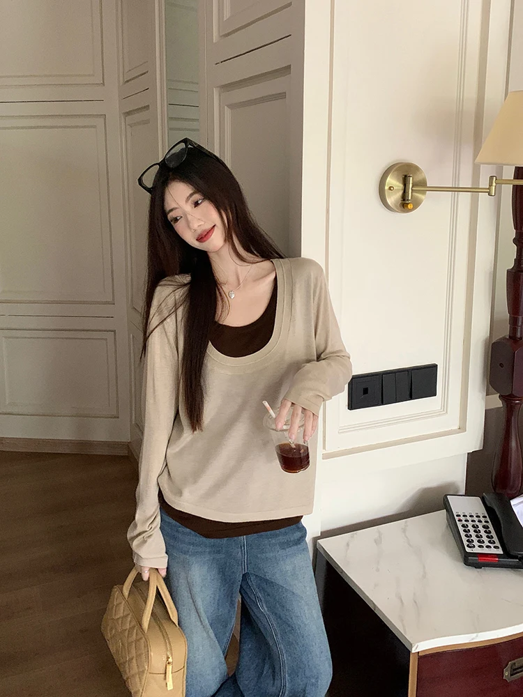 Women Fashion Baggy Classical Sweater Retro O-Neck Long Sleeve Female Simple Pullovers Patchwork Contrasting Colors Chic Autumn