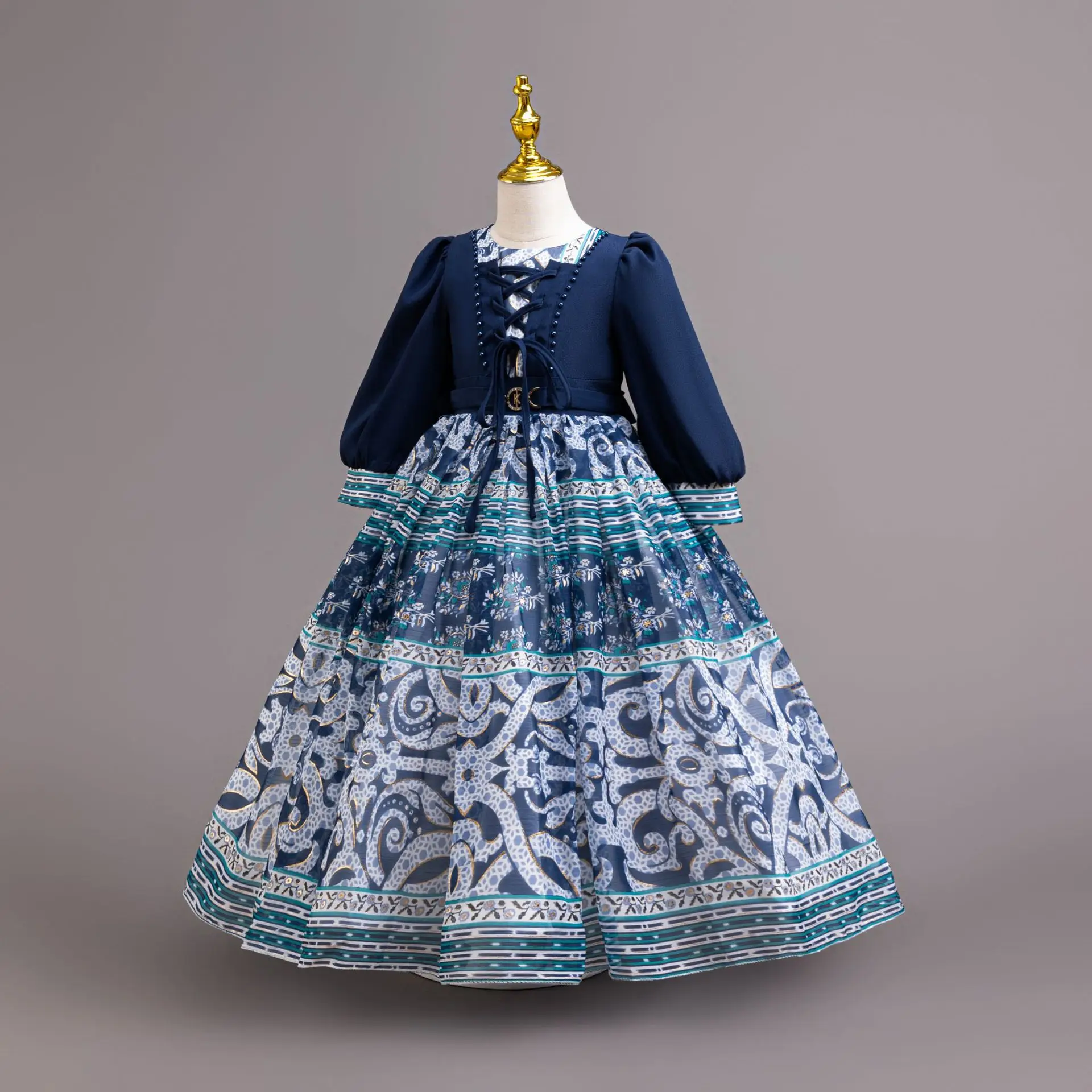 

Vintage Floral Girls Wedding Chiffon Dress Kids Ribbons Lace Long Sleeve Party Gown Child Vestidos 3-12 Years