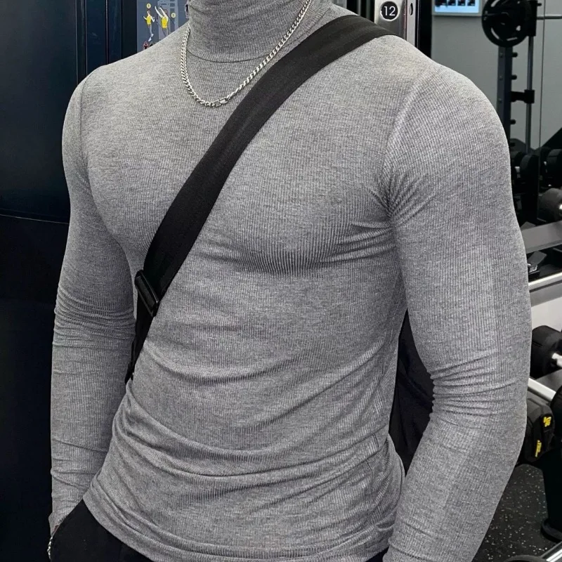 

Autumn Winter Business Office Men's Half High Neck T-shirt Sports Fitness Slim Fit Long Sleeved T-shirt Pullover Base Shirt