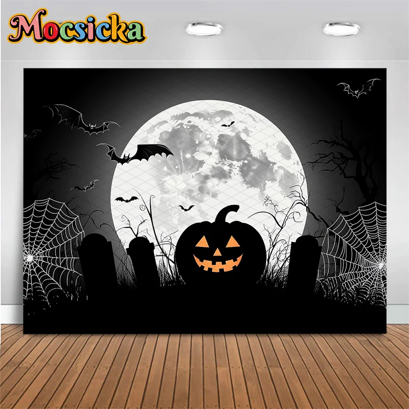 Mocsicka ハロウィン背景 ブラック パンプキン パーティー ナイト ムーン 墓石 クモの巣 コウモリ ジャック・オ・ランタン 装飾 背景バナー