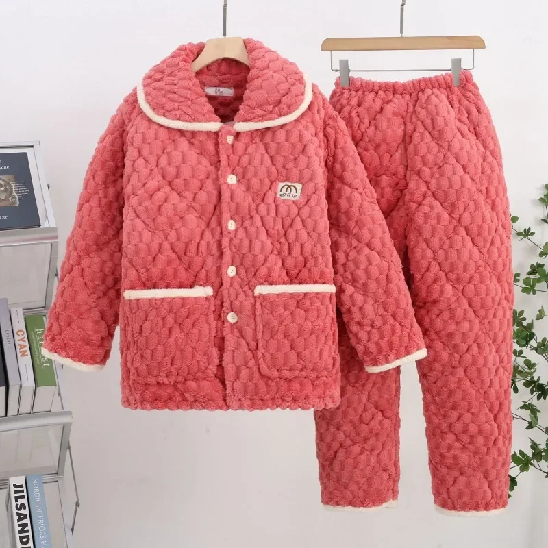 Winter Female Pajamas Women Thickened Plush Loungewear Coral Velvet Warm Three-layer Sleepwear Cotton Casual Flannel Homewear
