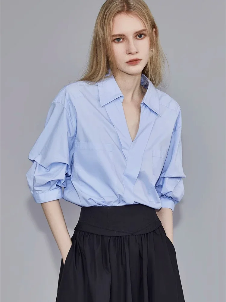 Office Lady Oversize Cotton Women Shirt 2024 Summer Half Sleeve Turn Down Collar White Shirts Pocket Work Blouse Female Clothing