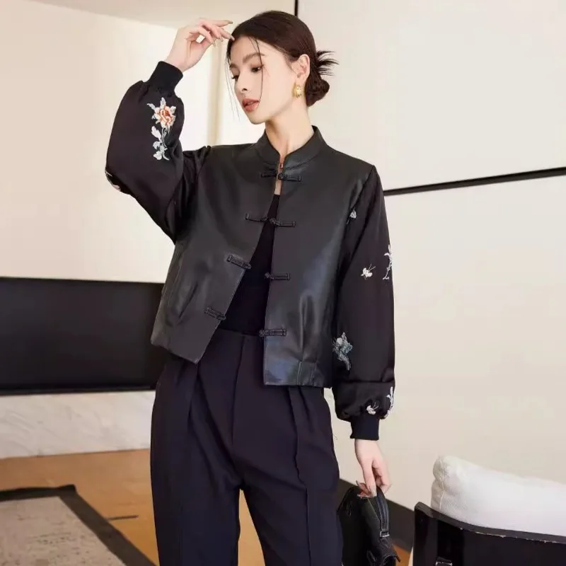 New Chinese Splicing Leather Jacket Women's Short R Jacket New Retro National Style Stand-up Collar Jacquard Button Faux Leather