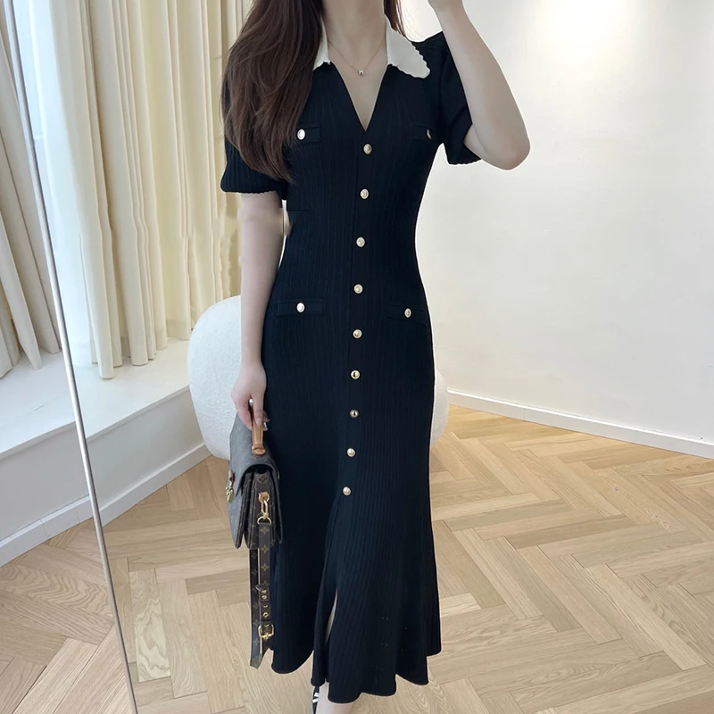 Button Knitted Midi Dress Short Sleeve Summe Bodycon Vestidos De Fiesta Black Party Maxi Women Elegant Vintage Korean Femme Robe