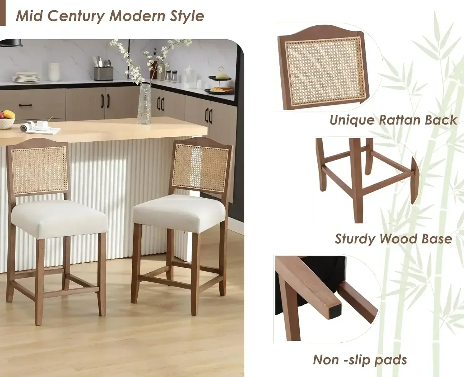 [أفضل بائع! ]مجموعة مقاعد بار بارتفاع مضاد مكونة من 4 مقاعد للبار من الروطان كراسي بار حديثة لمنتصف القرن لغرفة الطعام في المطبخ،