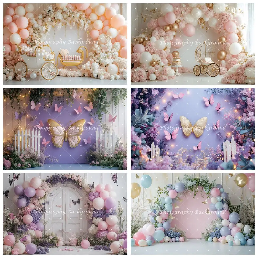 

Newborn Baby 1st Birthday Party Photography Backdrop Flowers Balloons Baby Shower Kids Portrait Photo Background Photo Studio