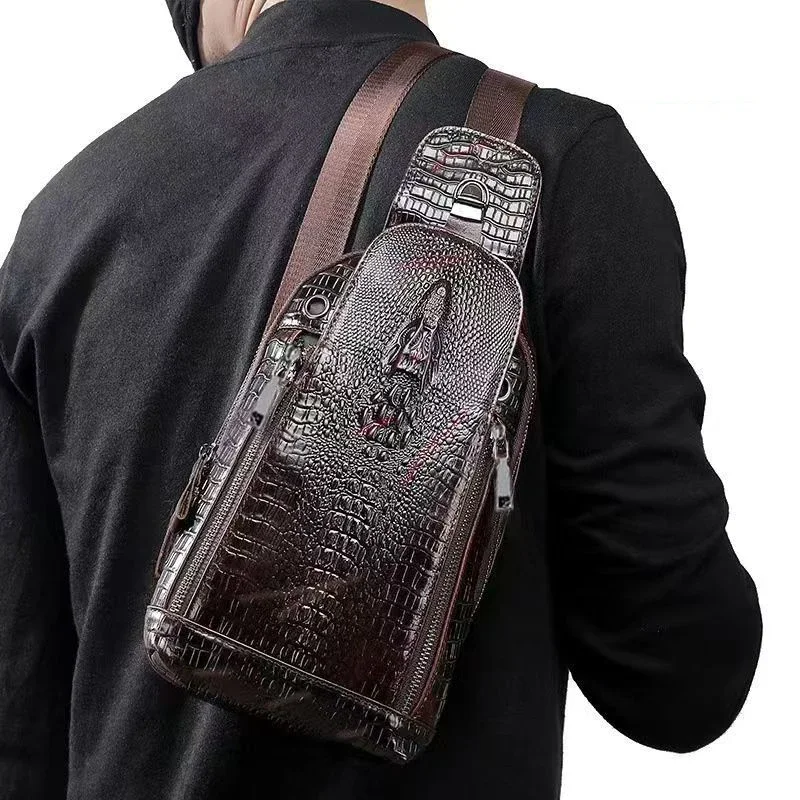 2027 New Vintage Cow Genuine Leather Men Waist Packs Casual Chest Bags High Quality Boy Alligator Pattern Brand Chest Shoulder