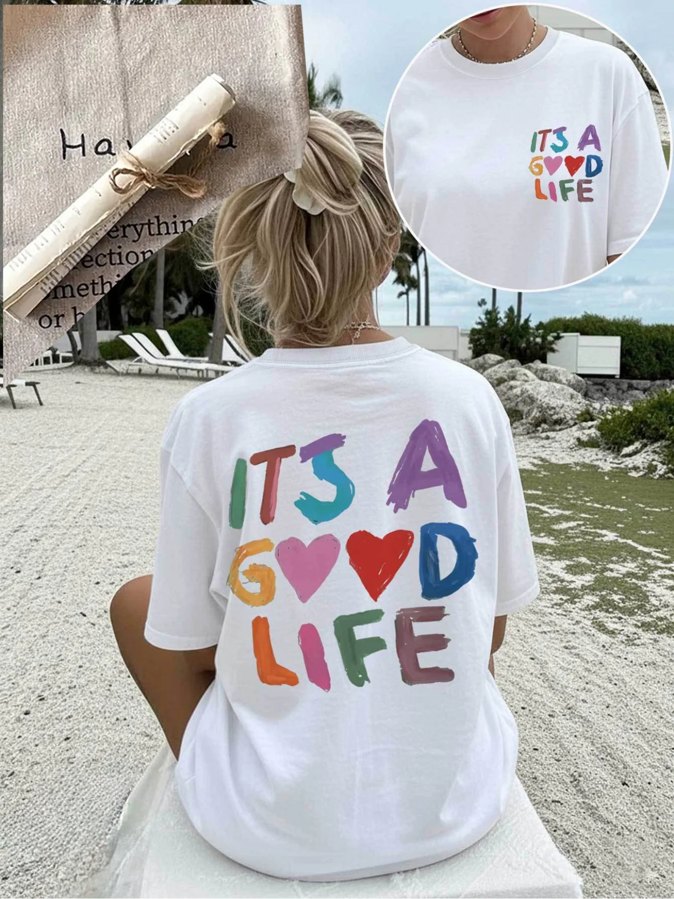 [Front and Back Images] Summer Casual Women's Top Hand-drawn Style Heart and 