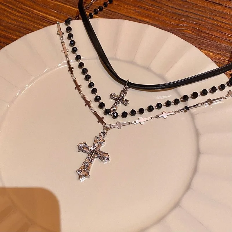 القوطية الشرير نمط Y2k حبة الصليب قلادة قلادة ، 3 قطعة/مجموعة ، المرأة متعددة الطبقات الرجعية العصرية الإكسسوارات والمجوهرات #6
