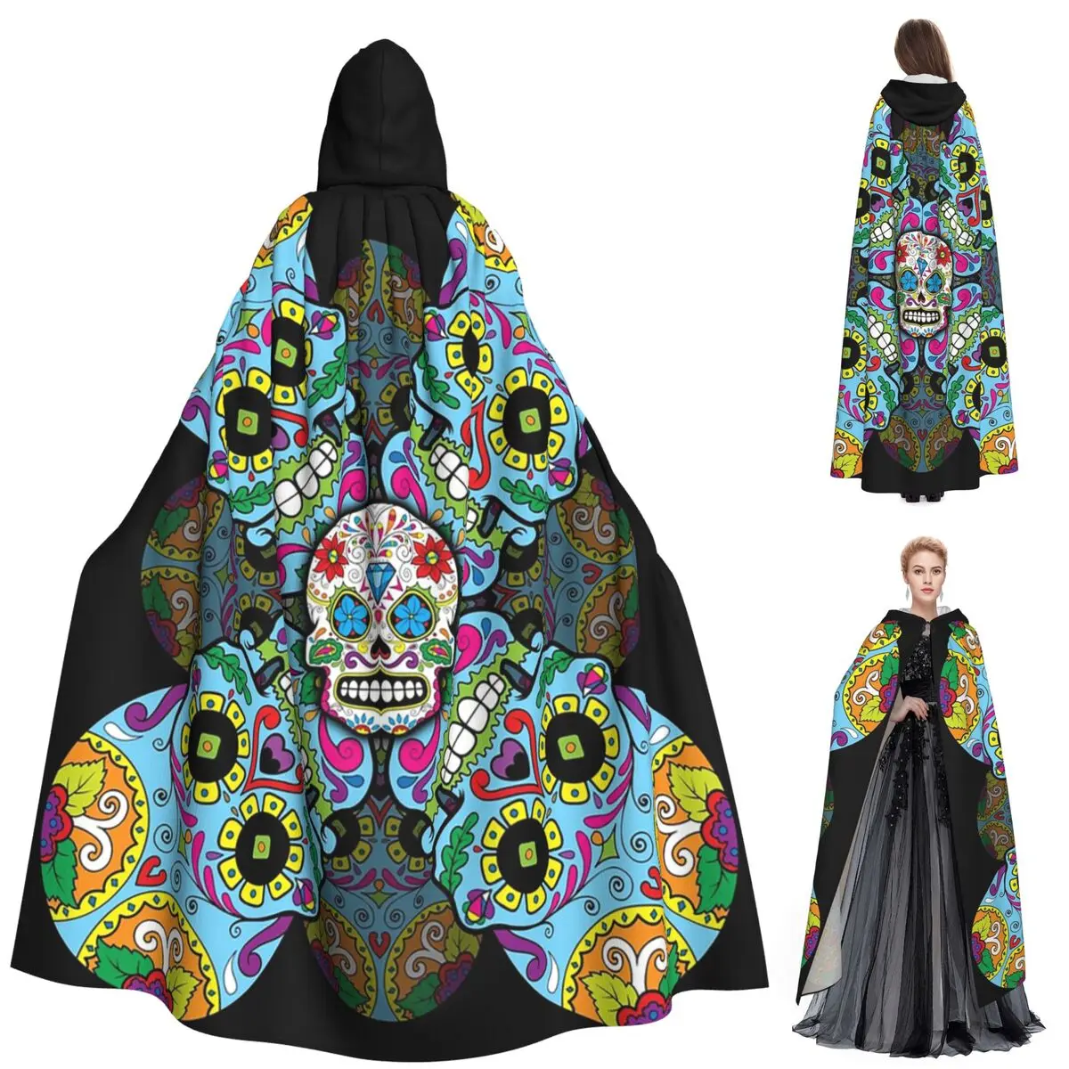 

Мексиканский череп Калавера сахарный череп длинный плащ с капюшоном ведьма средневековый костюм косплей накидка Хэллоуин вечеринка для взрослых унисекс