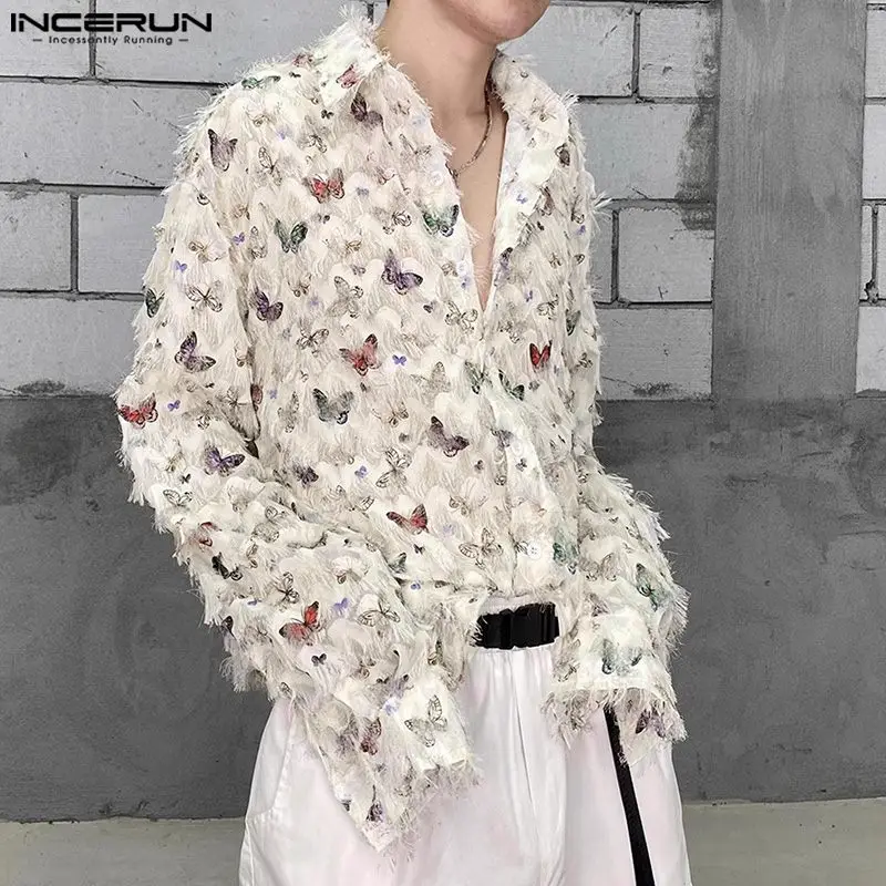 

INCERUN Men Shirt Printing Tassel Lapel Long Sleeve Button Streetwear Casual Men Clothing 2024 Loose Korean Fashion Shirts S-5XL